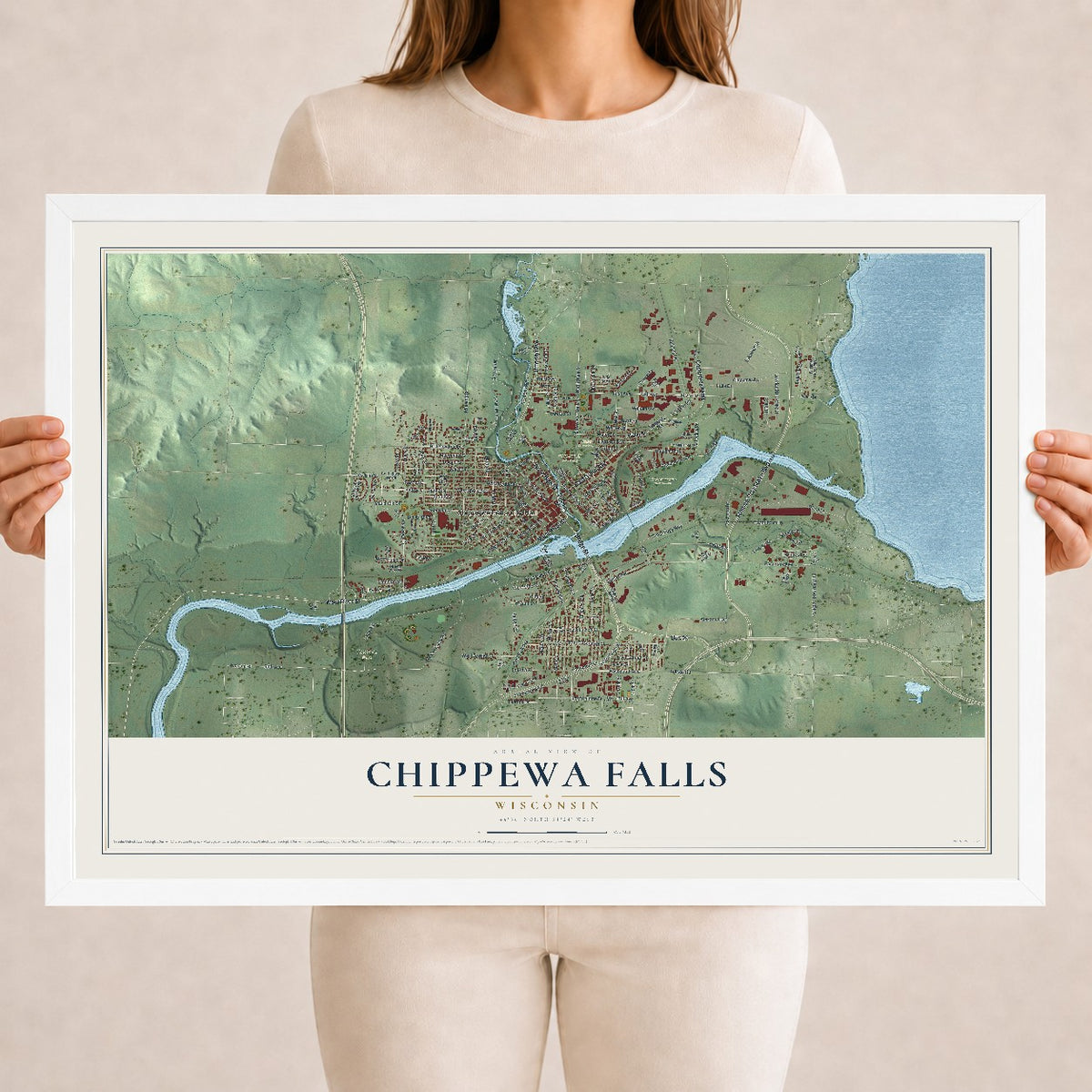 Map of Chippewa Falls, Wisconsin, 18 x 24 inch print in a white wood frame