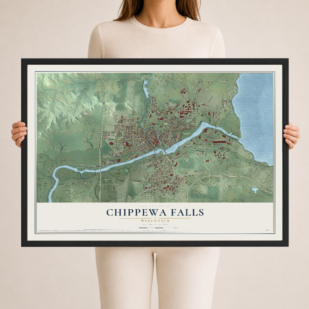 Map of Chippewa Falls, Wisconsin, 24 x 36 inch print in a black wood frame