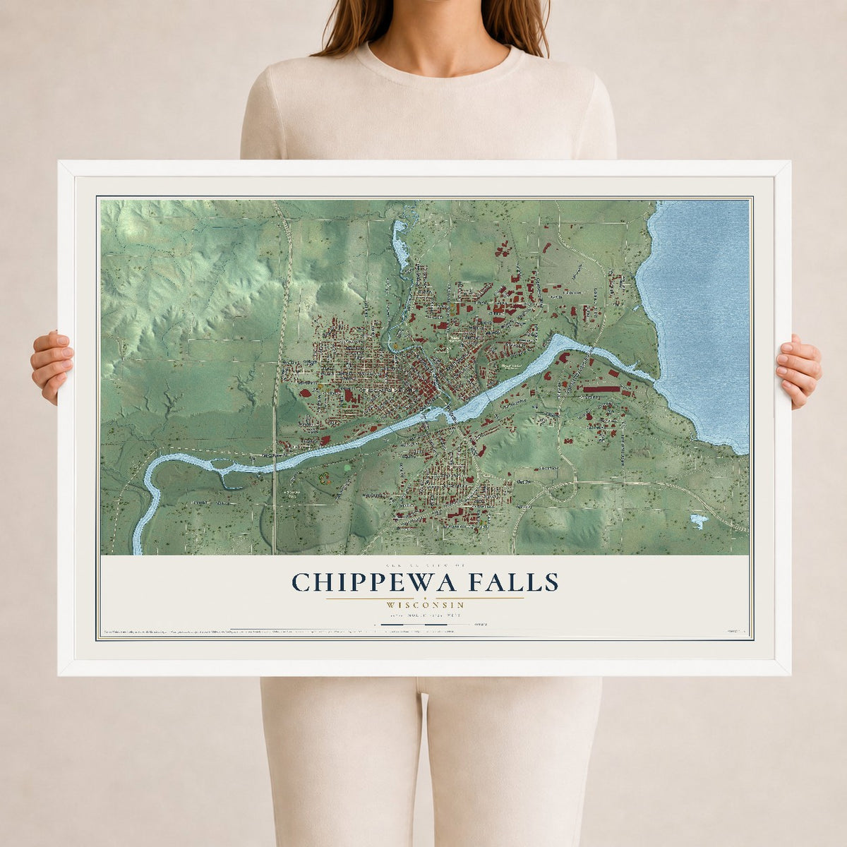 Map of Chippewa Falls, Wisconsin, 24 x 36 inch print in a white wood frame