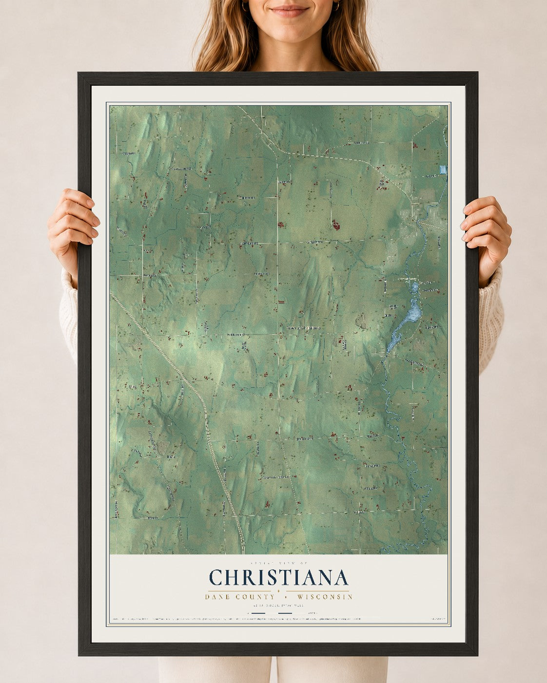 Map of Christiana, Dane County, Wisconsin, 24 x 36 inch print in a black wood frame