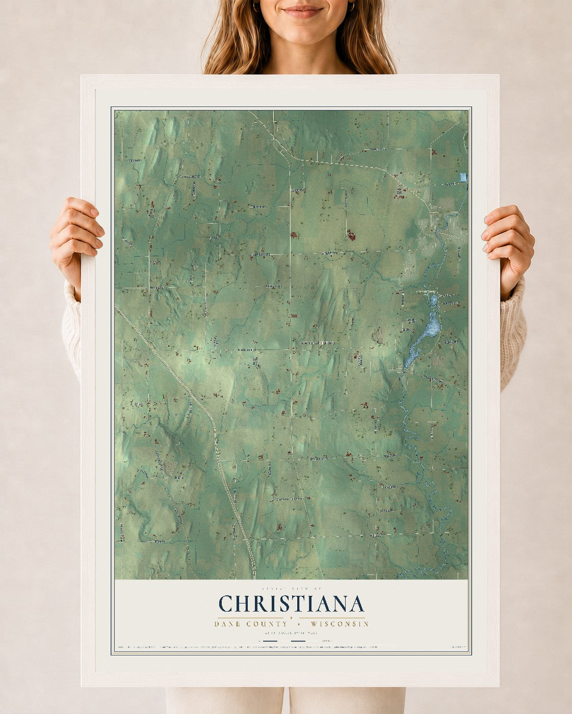 Map of Christiana, Dane County, Wisconsin, 24 x 36 inch print in a white wood frame
