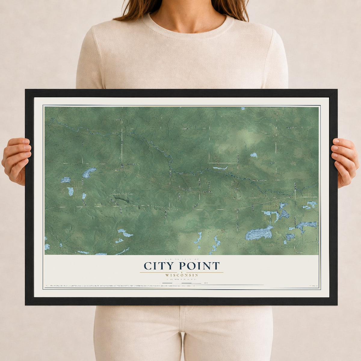 Map of City Point, Wisconsin, 12 x 18 inch print in a black wood frame