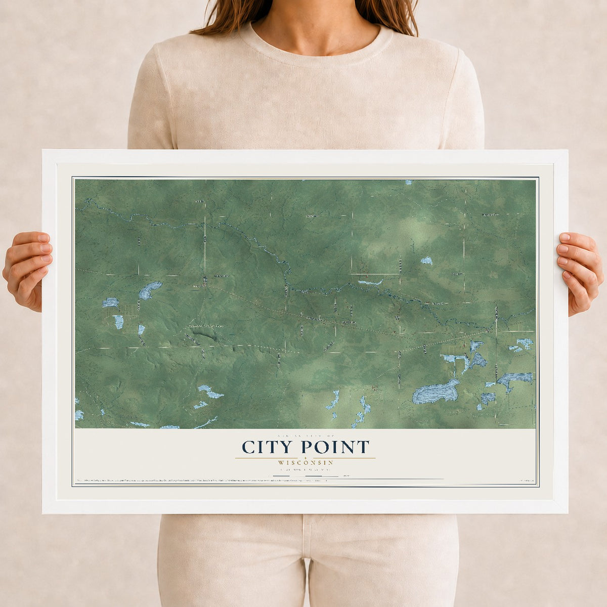 Map of City Point, Wisconsin, 12 x 18 inch print in a white wood frame
