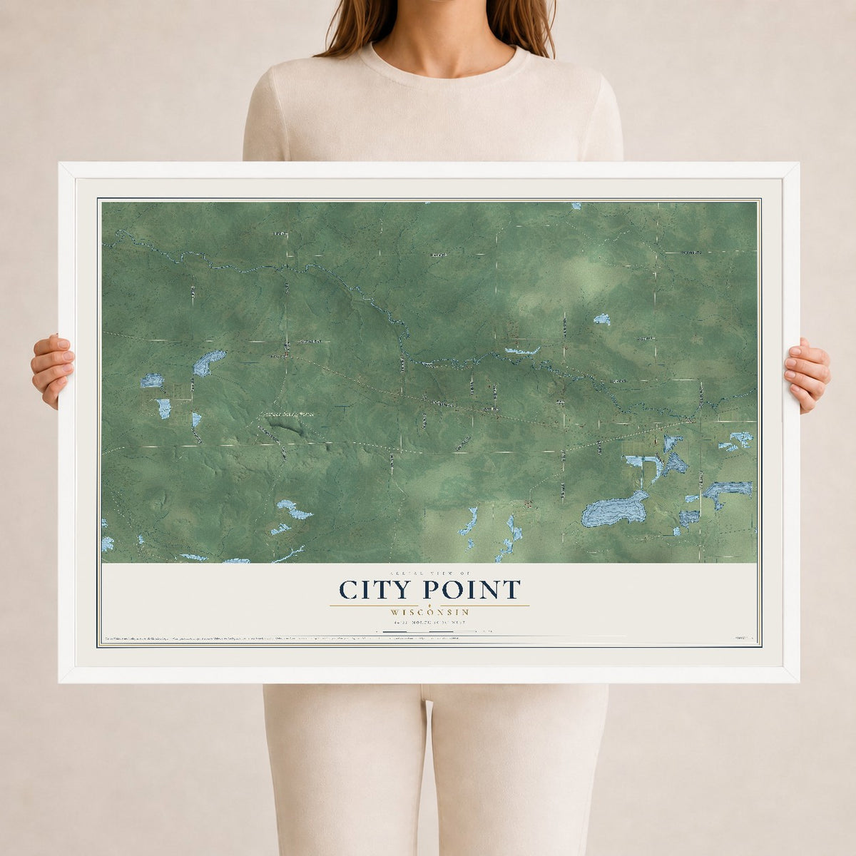 Map of City Point, Wisconsin, 24 x 36 inch print in a white wood frame