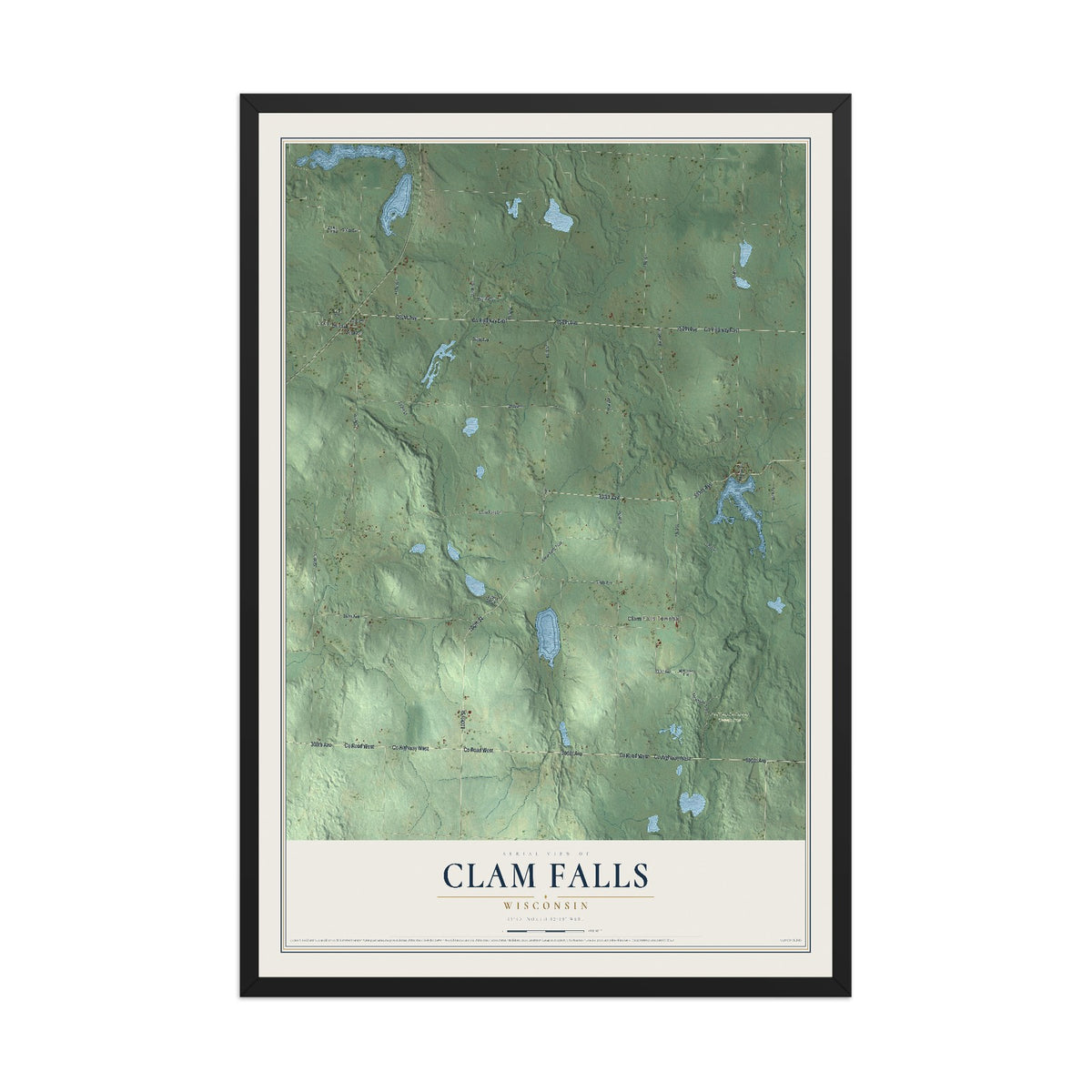 Map of Clam Falls, Wisconsin, 12 x 18 inch print in a black wood frame
