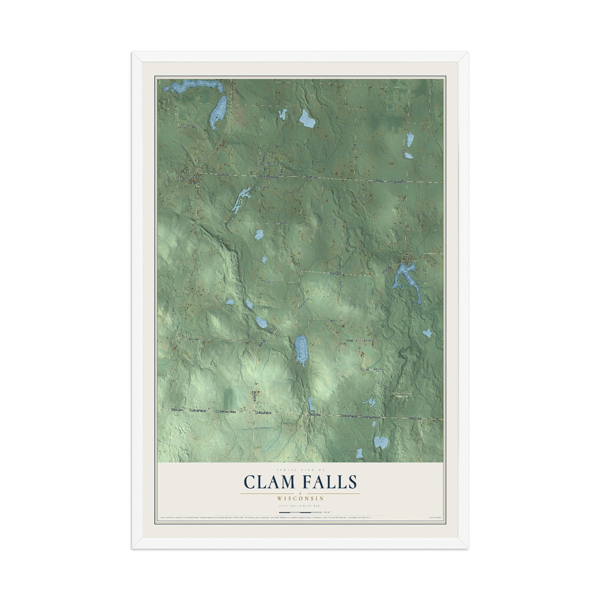 Map of Clam Falls, Wisconsin, 12 x 18 inch print in a white wood frame