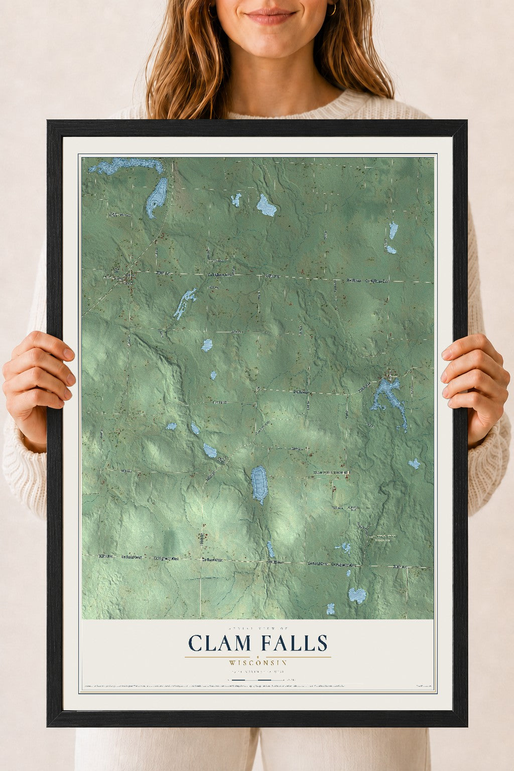 Map of Clam Falls, Wisconsin, 18 x 24 inch print in a black wood frame