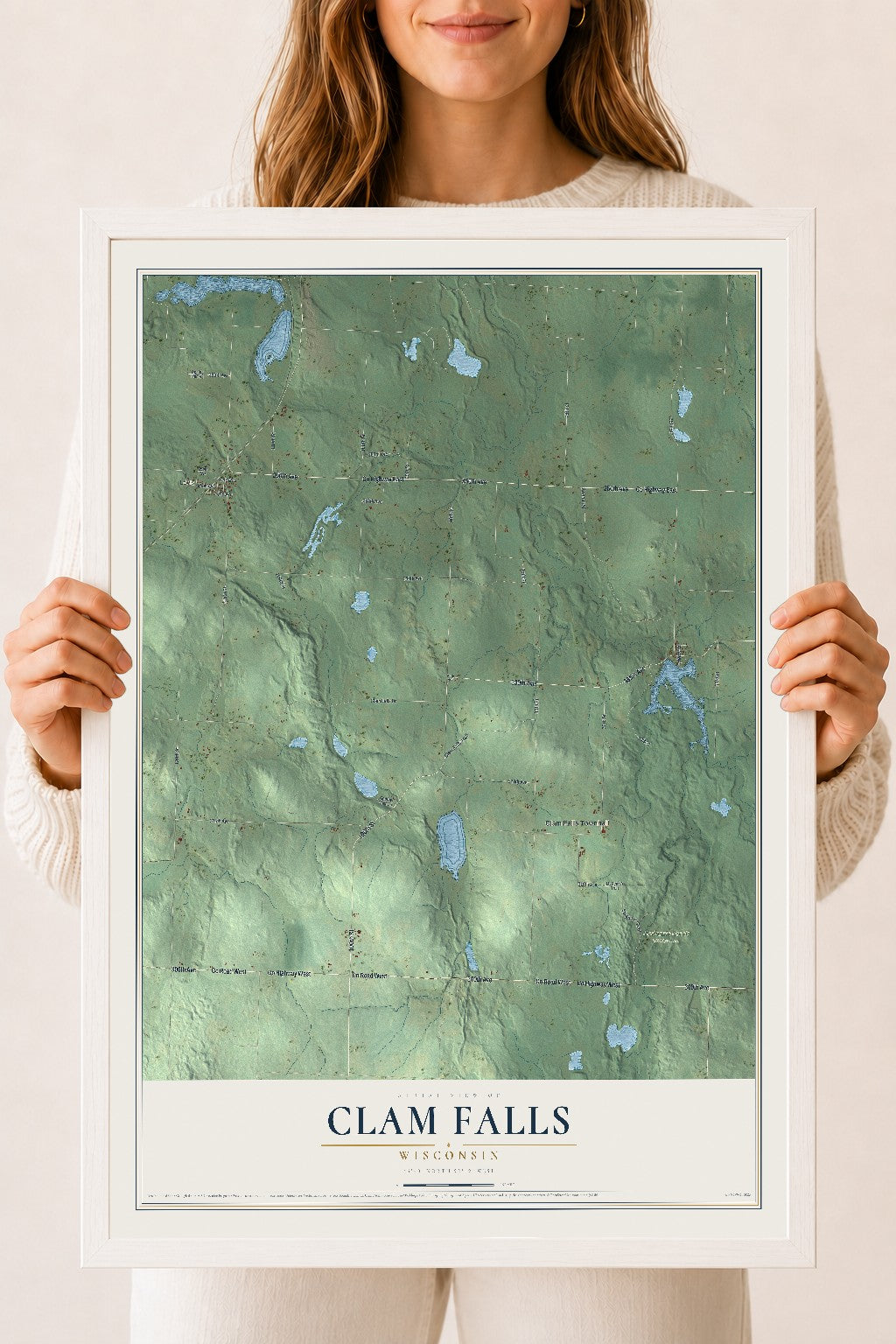 Map of Clam Falls, Wisconsin, 18 x 24 inch print in a white wood frame