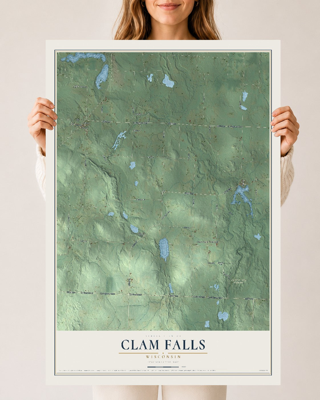 Map of Clam Falls, Wisconsin, 24 x 36 inch unframed archival matte print