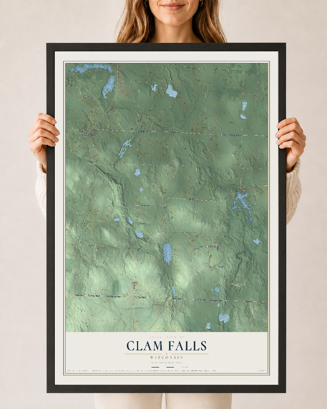 Map of Clam Falls, Wisconsin, 24 x 36 inch print in a black wood frame