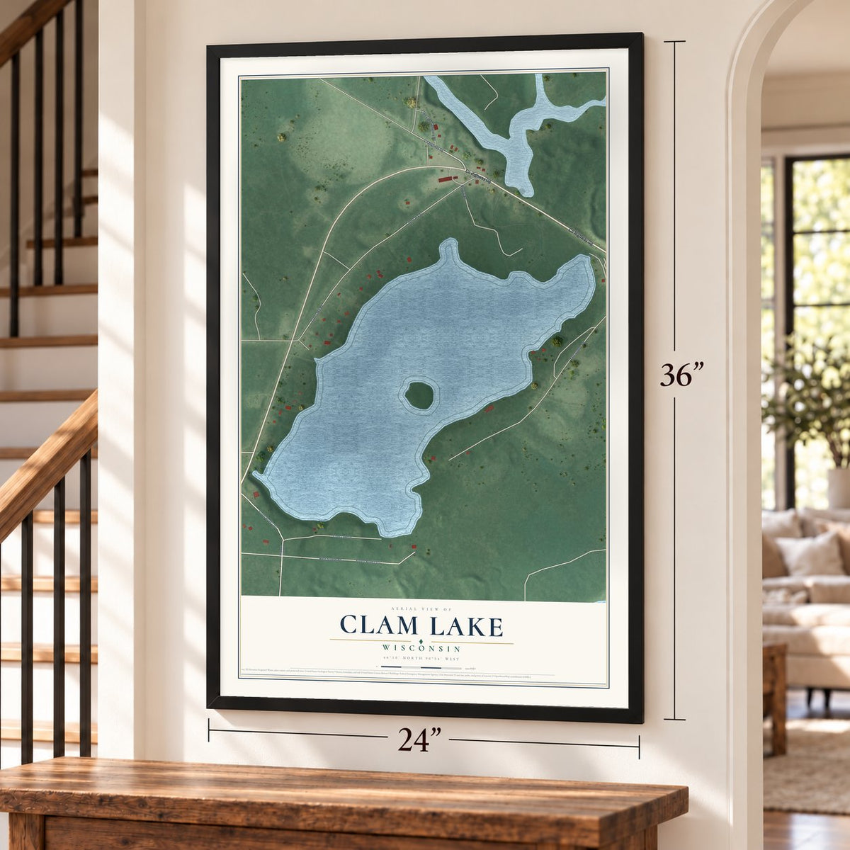 Clam Lake, Wisconsin map, 24 x 36 inch print in a black frame by a staircase