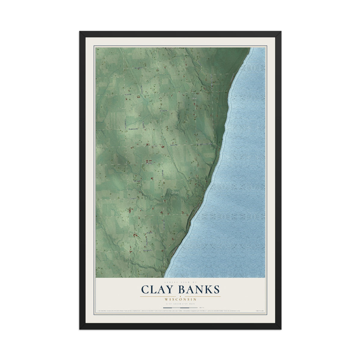 Map of Clay Banks, Wisconsin, 12 x 18 inch print in a black wood frame
