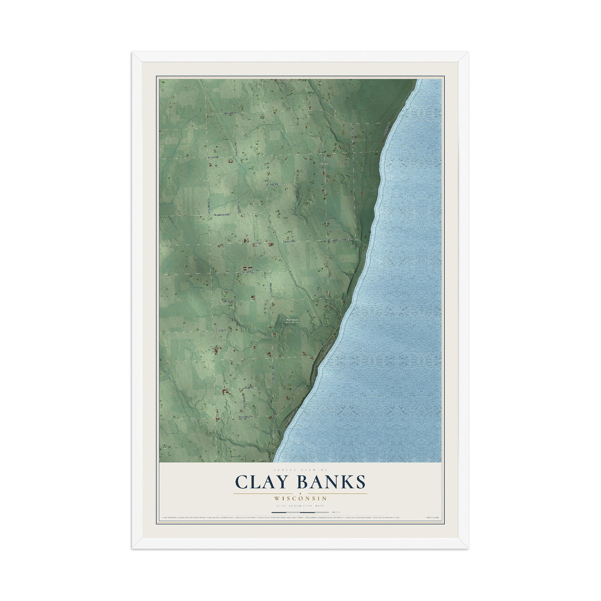 Map of Clay Banks, Wisconsin, 12 x 18 inch print in a white wood frame