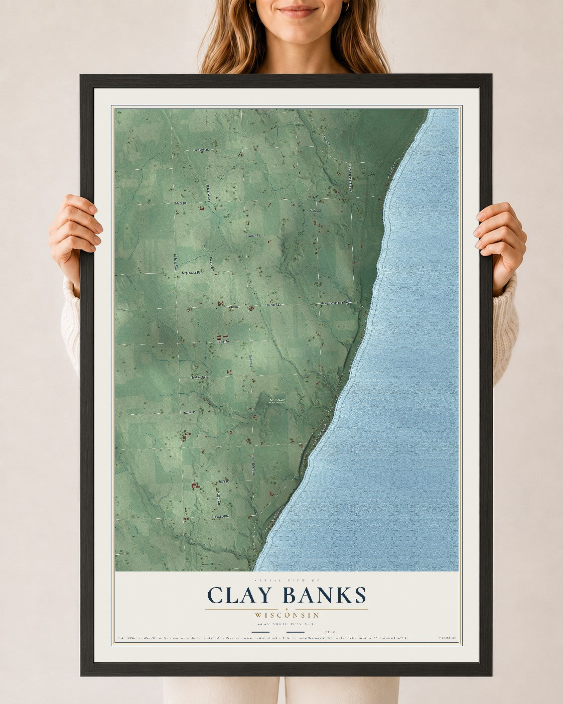 Map of Clay Banks, Wisconsin, 24 x 36 inch print in a black wood frame