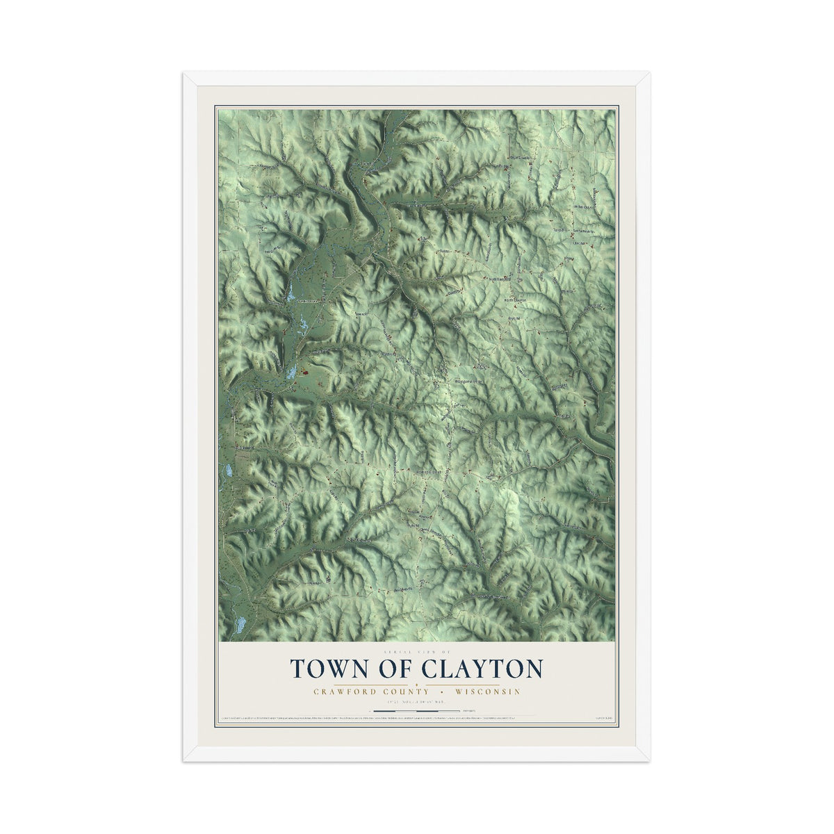 Map of the Town of Clayton, Crawford County, Wisconsin, 12 x 18 inch print in a white wood frame