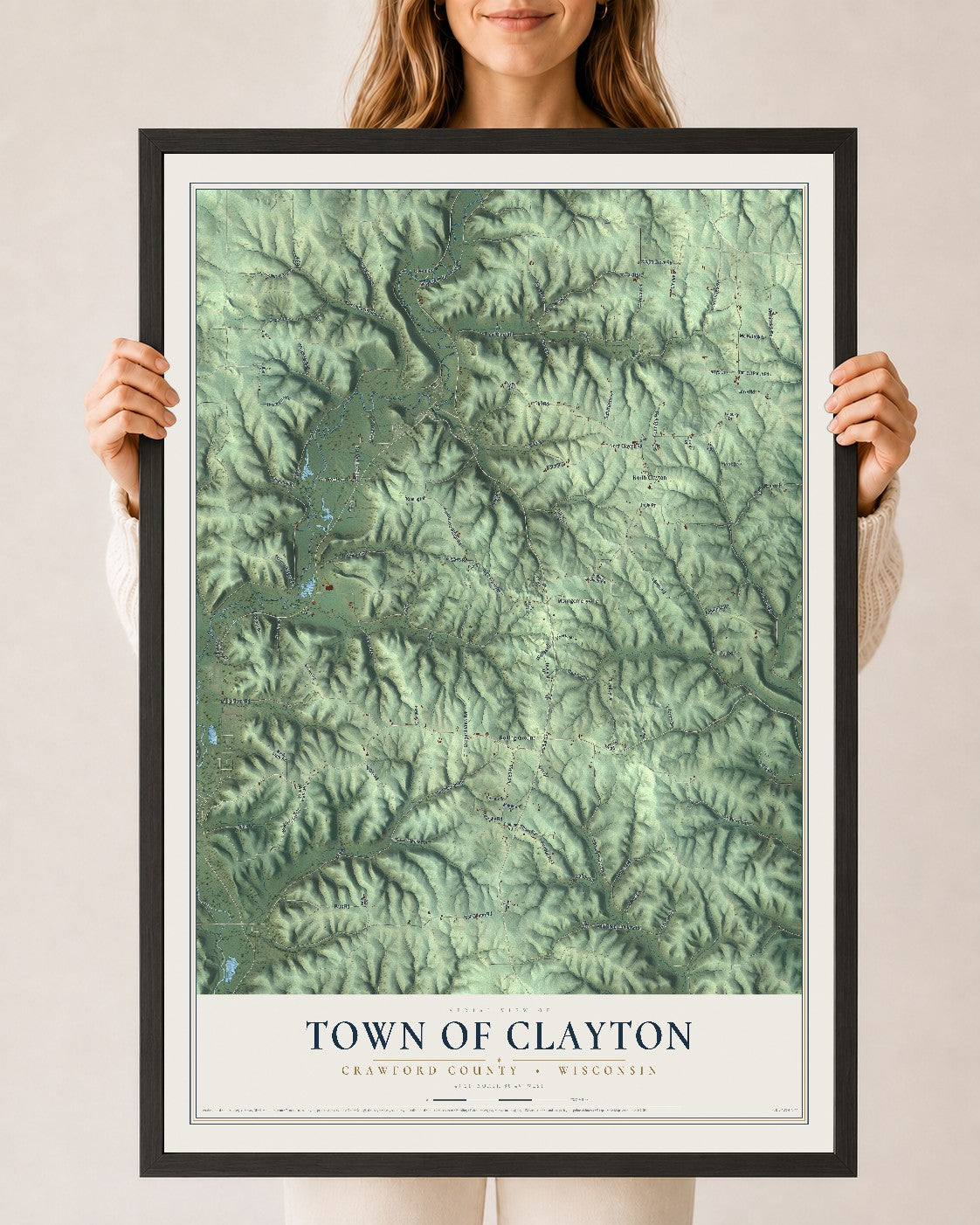 Map of the Town of Clayton, Crawford County, Wisconsin, 24 x 36 inch print in a black wood frame