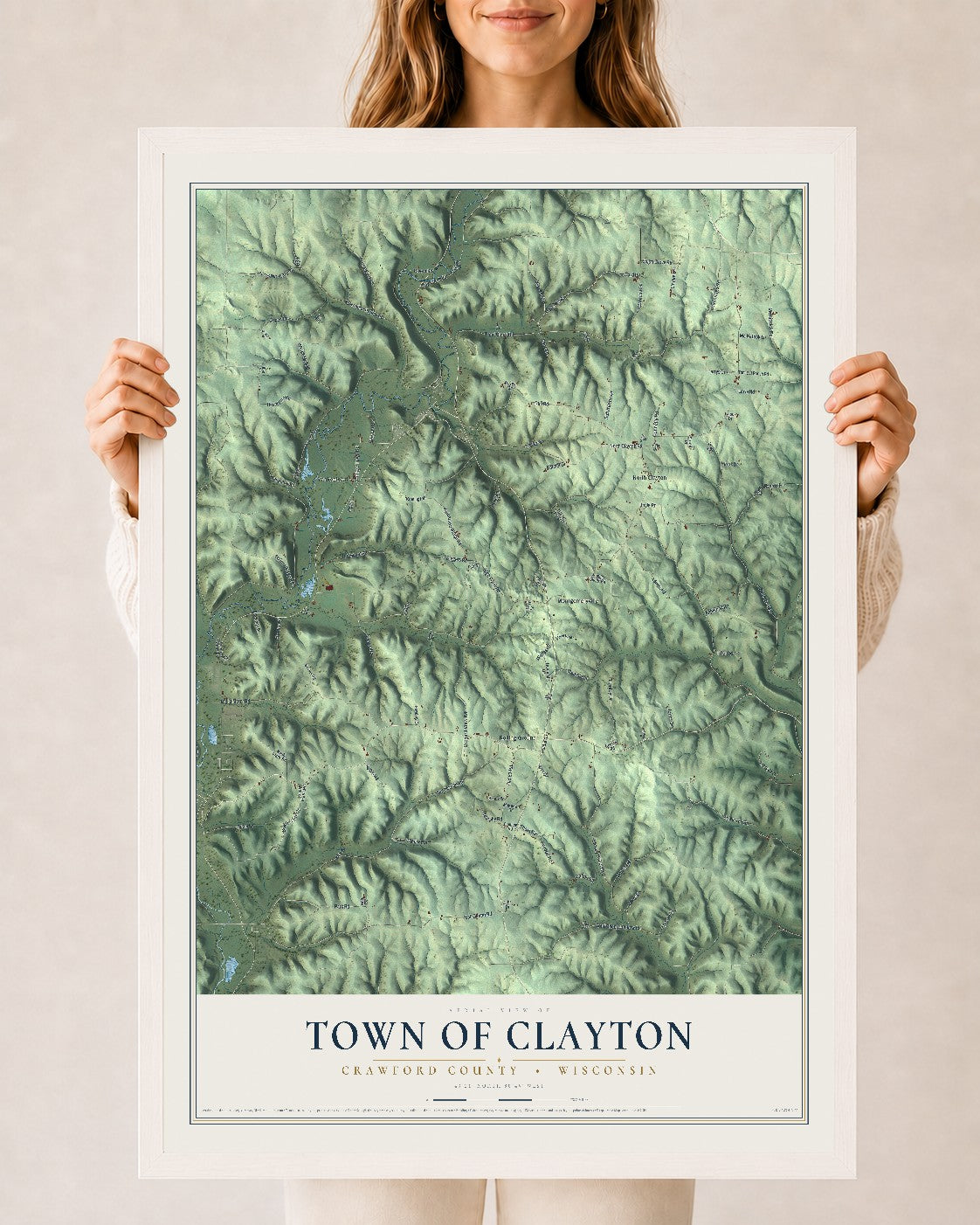 Map of the Town of Clayton, Crawford County, Wisconsin, 24 x 36 inch print in a white wood frame