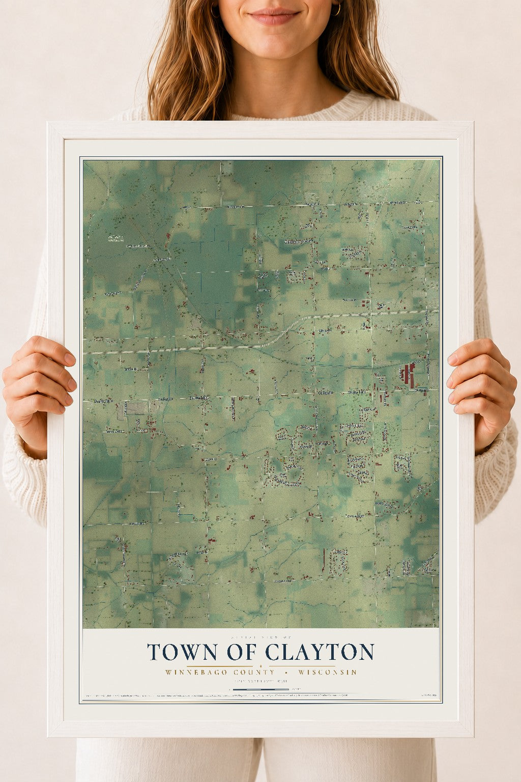 Map of the Town of Clayton, Winnebago County, Wisconsin, 18 x 24 inch print in a white wood frame