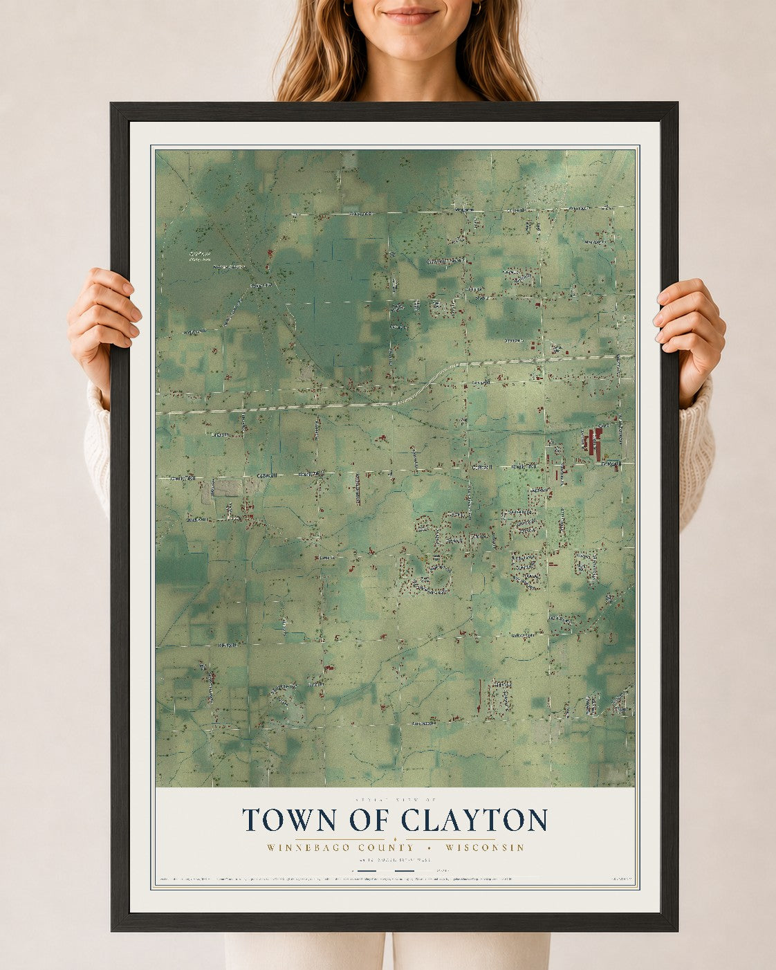 Map of the Town of Clayton, Winnebago County, Wisconsin, 24 x 36 inch print in a black wood frame