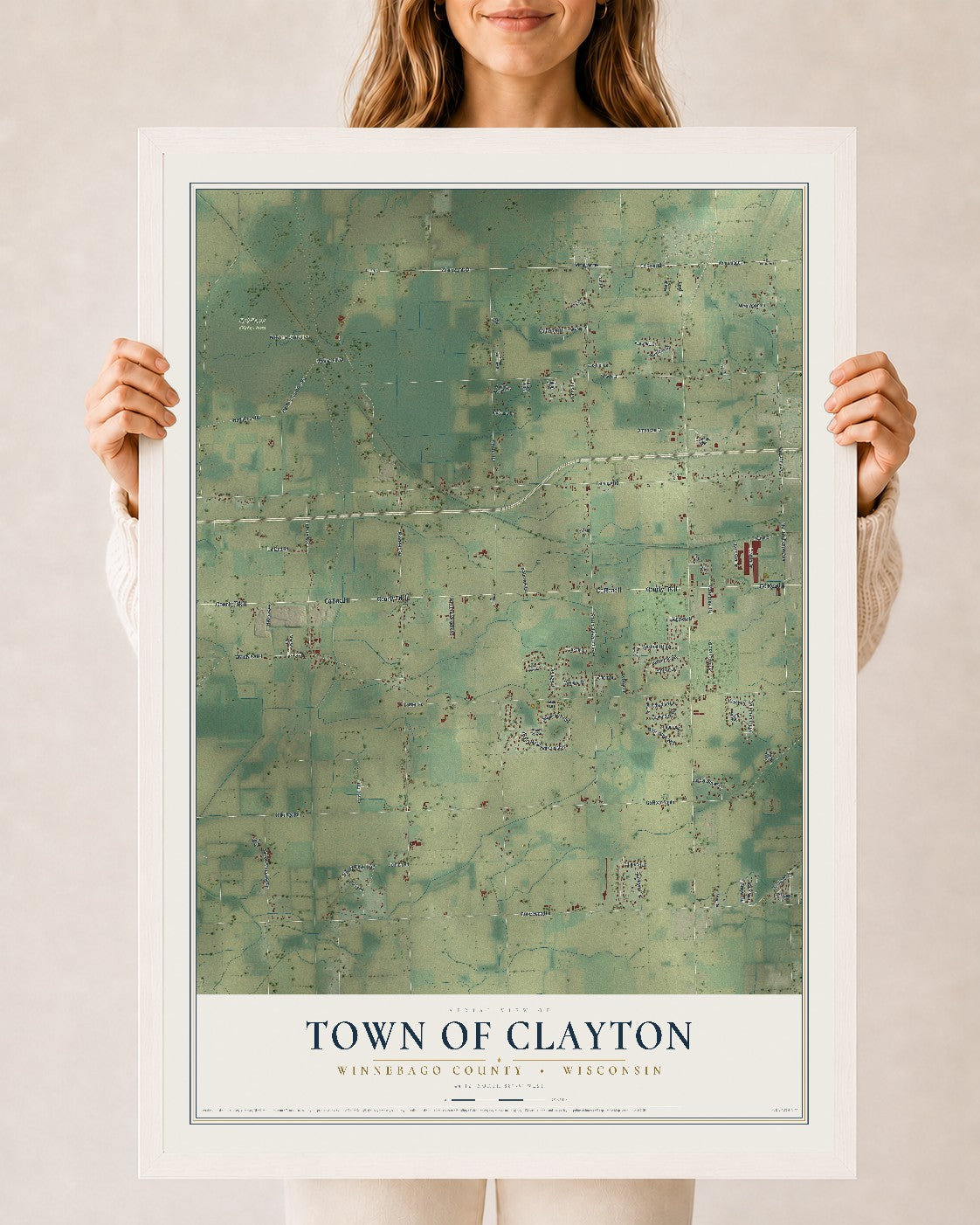 Map of the Town of Clayton, Winnebago County, Wisconsin, 24 x 36 inch print in a white wood frame