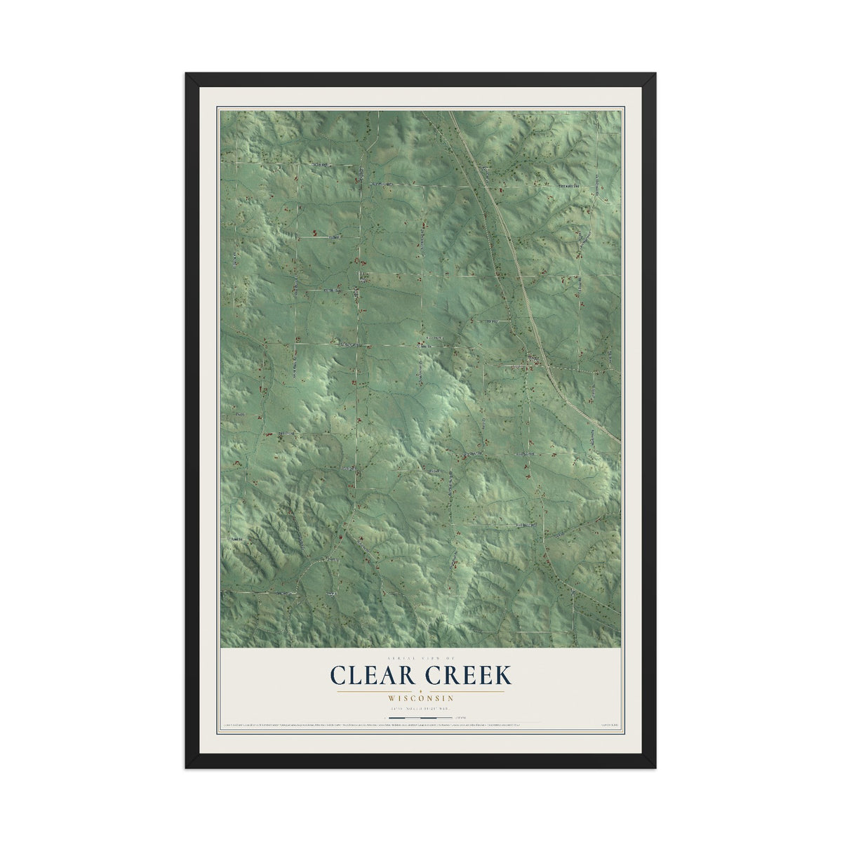 Map of Clear Creek, Wisconsin, 12 x 18 inch print in a black wood frame