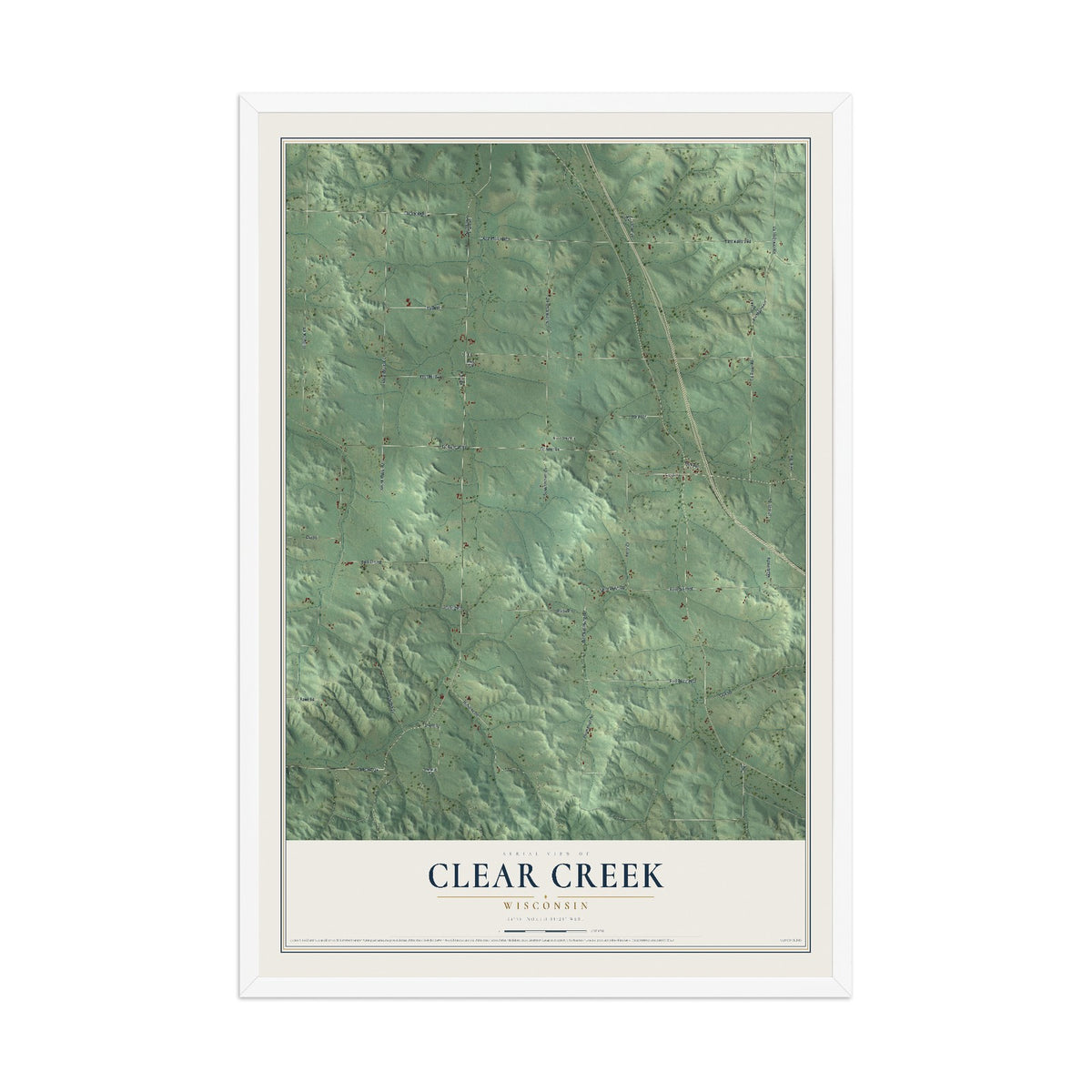Map of Clear Creek, Wisconsin, 12 x 18 inch print in a white wood frame