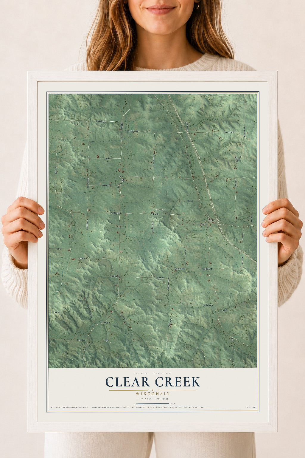 Map of Clear Creek, Wisconsin, 18 x 24 inch print in a white wood frame