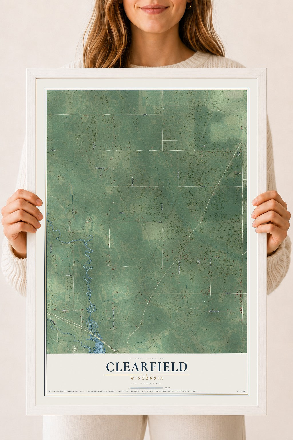 Map of Clearfield, Wisconsin, 18 x 24 inch print in a white wood frame