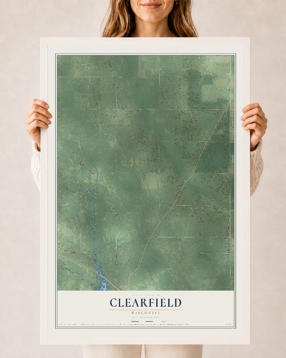 Map of Clearfield, Wisconsin, 24 x 36 inch print in a white wood frame