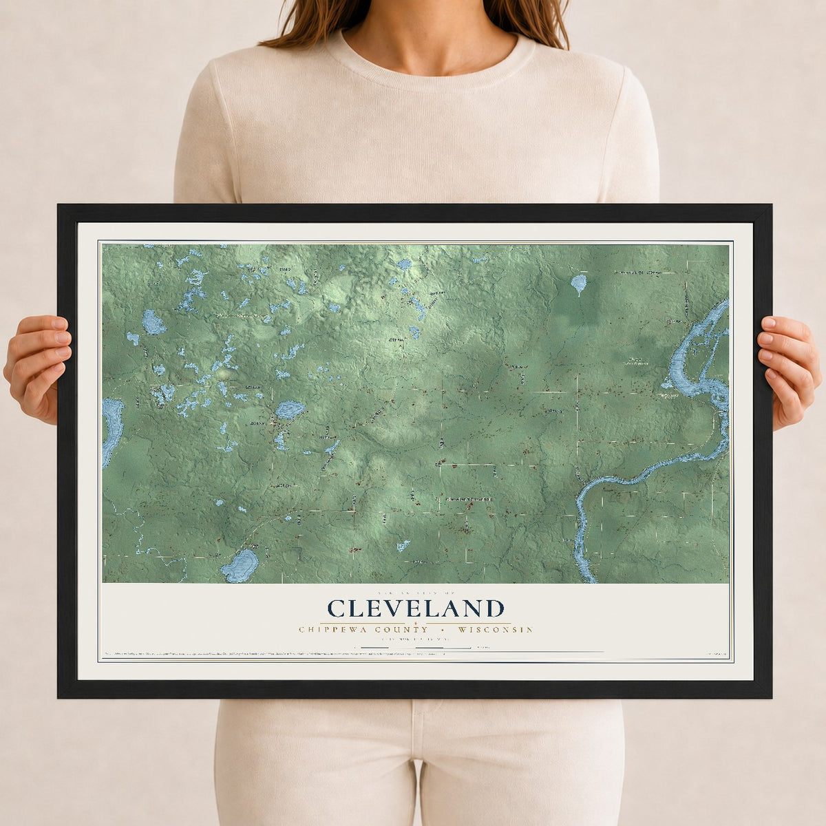 Map of Cleveland, Chippewa County, Wisconsin, 12 x 18 inch print in a black wood frame