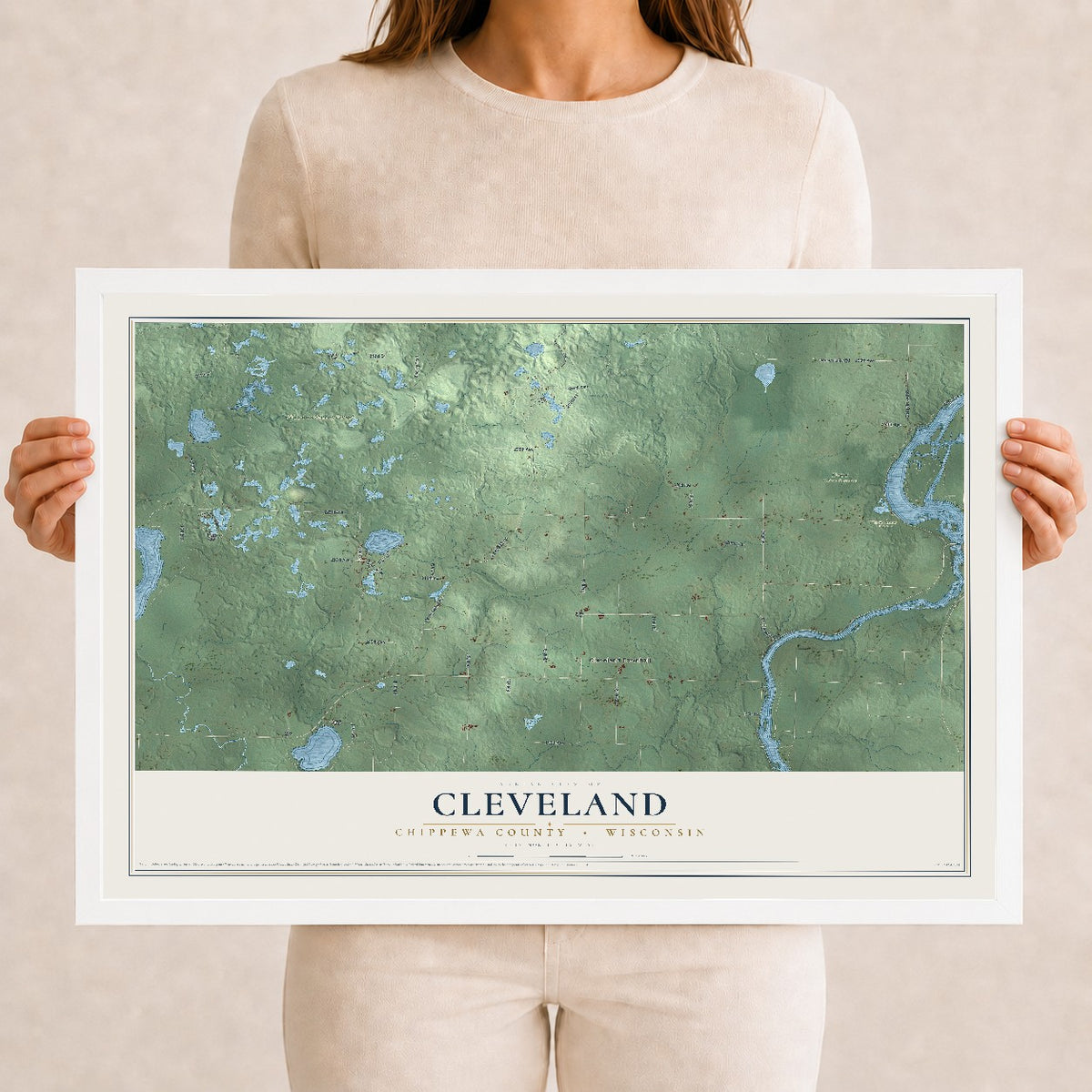 Map of Cleveland, Chippewa County, Wisconsin, 12 x 18 inch print in a white wood frame