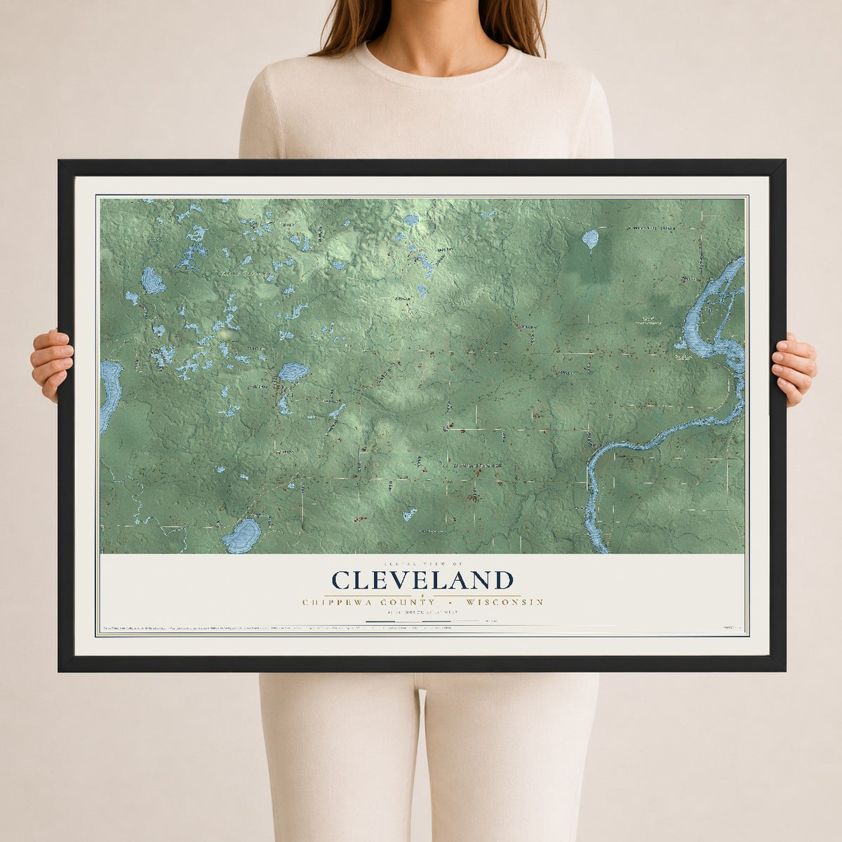 Map of Cleveland, Chippewa County, Wisconsin, 24 x 36 inch print in a black wood frame