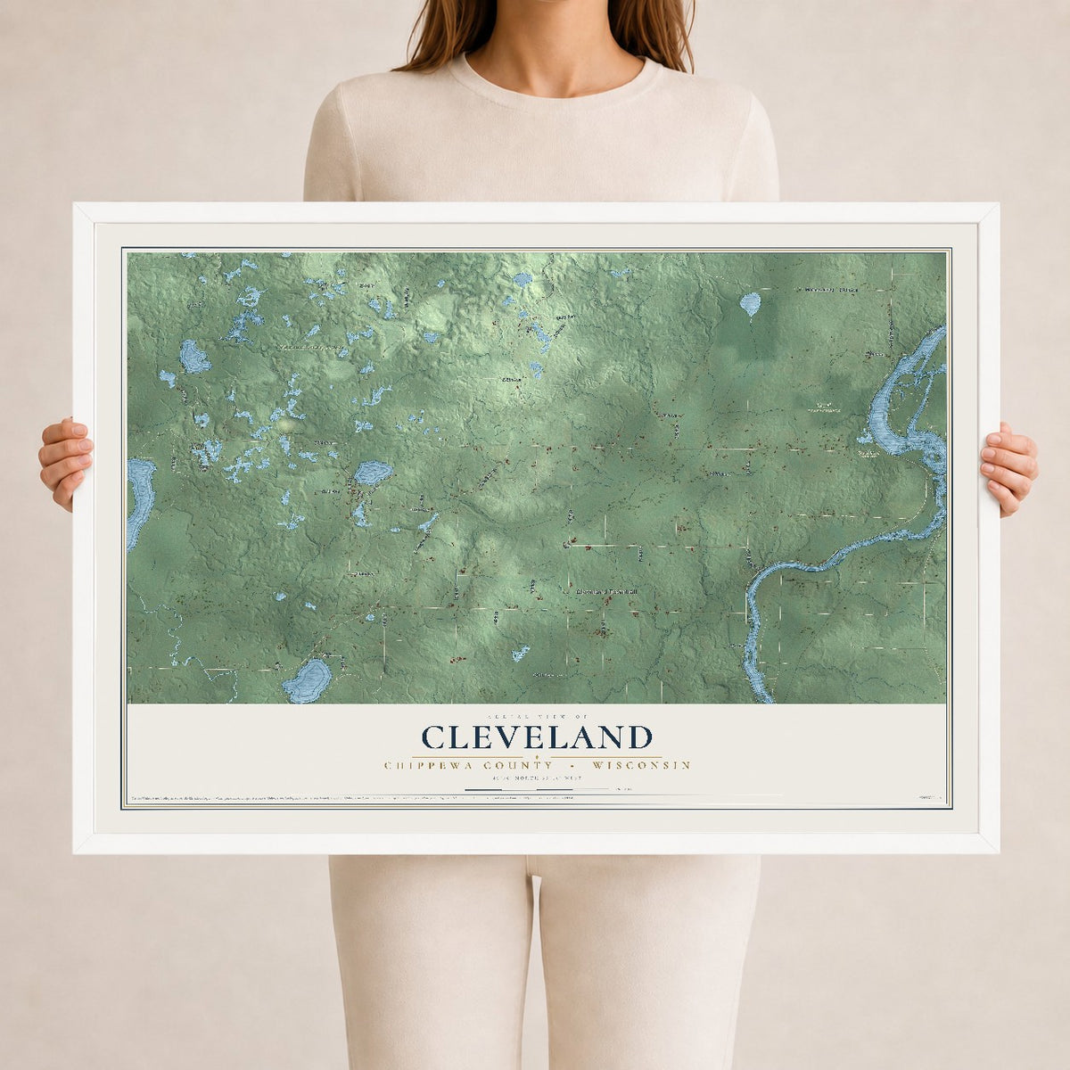 Map of Cleveland, Chippewa County, Wisconsin, 24 x 36 inch print in a white wood frame