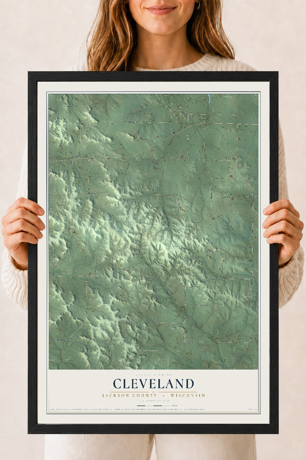 Map of Cleveland, Jackson County, Wisconsin, 18 x 24 inch print in a black wood frame