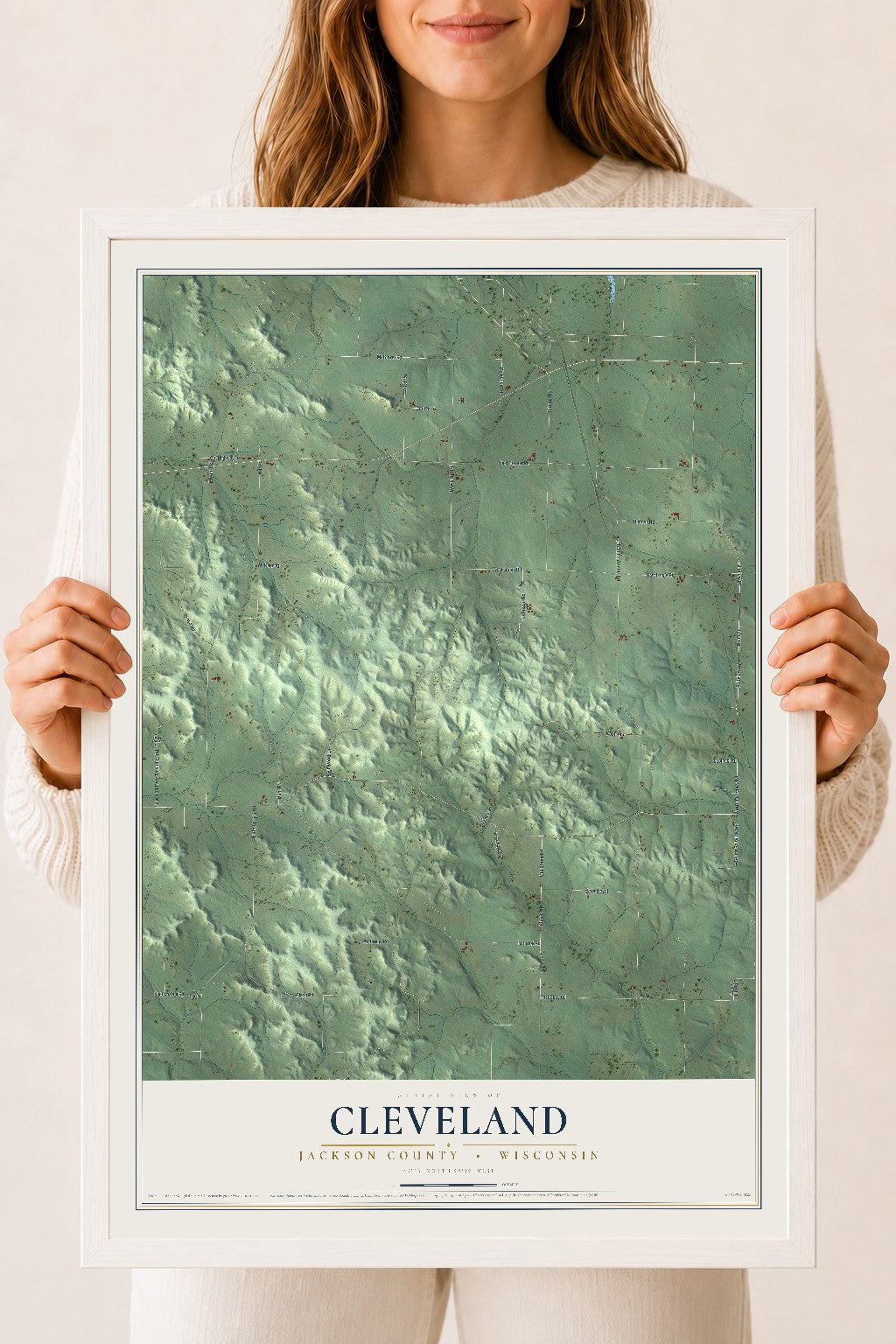 Map of Cleveland, Jackson County, Wisconsin, 18 x 24 inch print in a white wood frame
