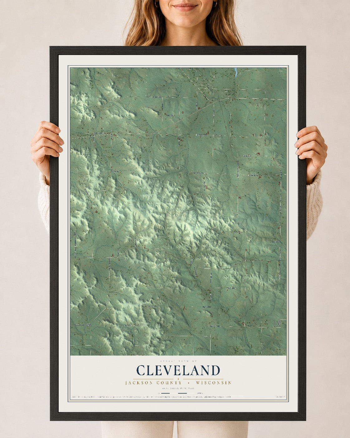 Map of Cleveland, Jackson County, Wisconsin, 24 x 36 inch print in a black wood frame