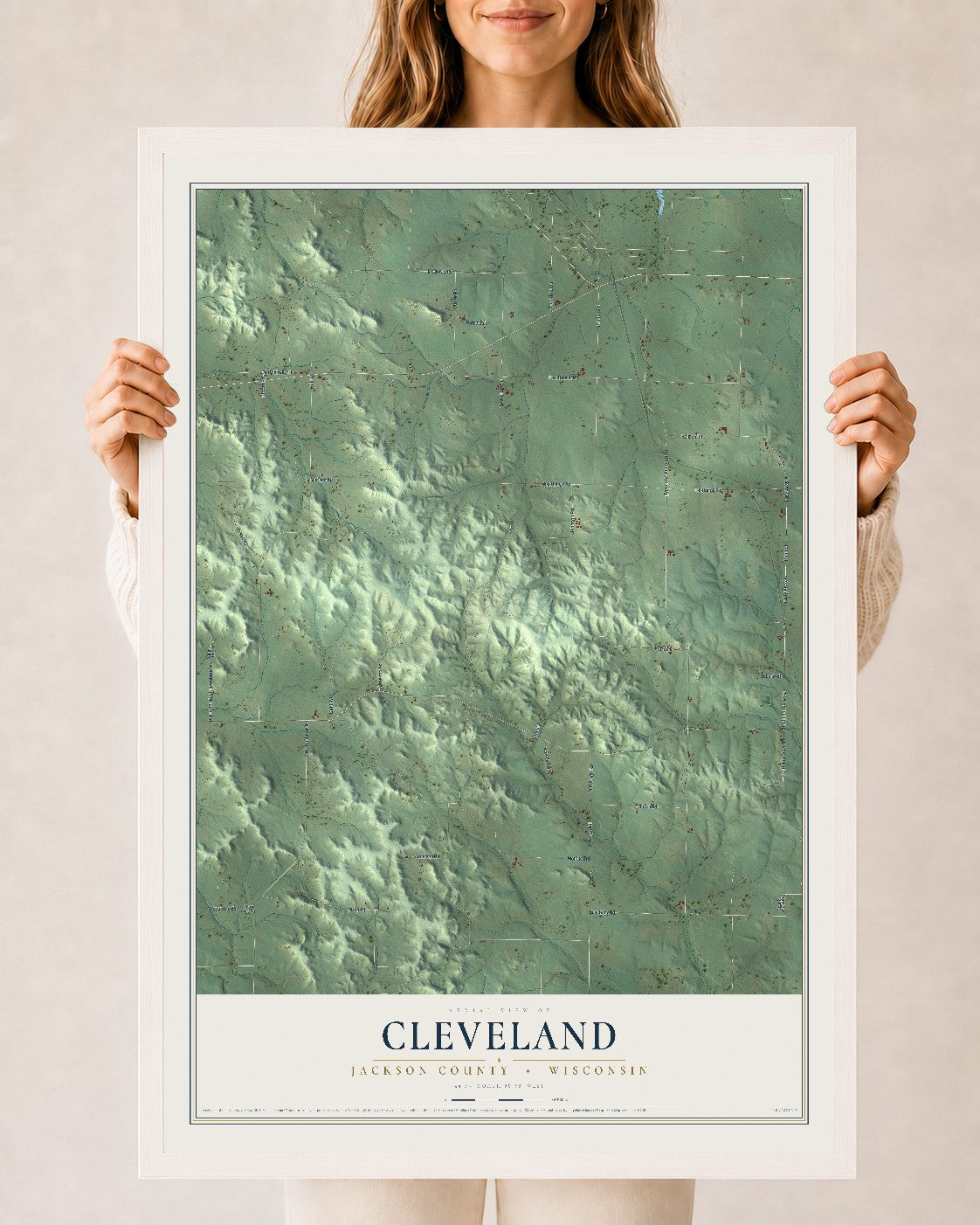 Map of Cleveland, Jackson County, Wisconsin, 24 x 36 inch print in a white wood frame
