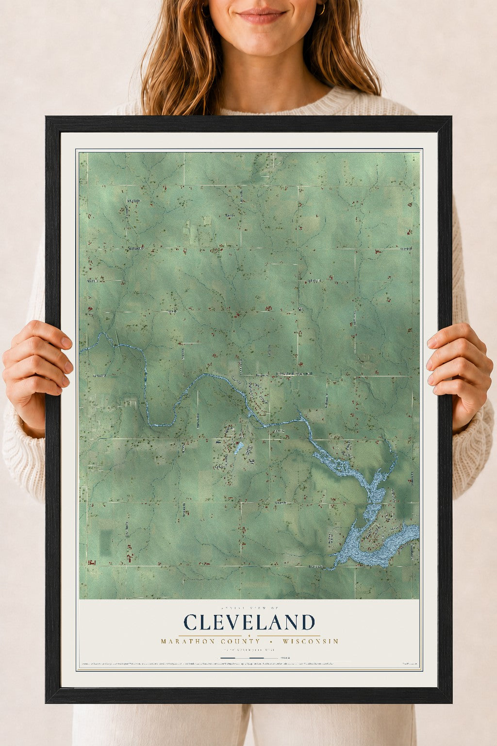 Map of Cleveland, Marathon County, Wisconsin, 18 x 24 inch print in a black wood frame