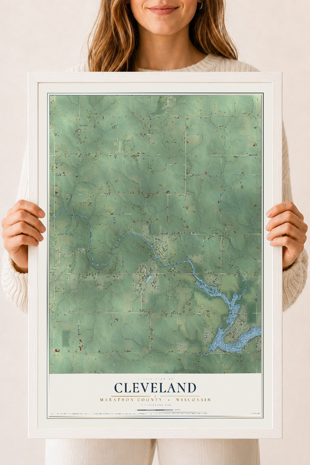 Map of Cleveland, Marathon County, Wisconsin, 18 x 24 inch print in a white wood frame