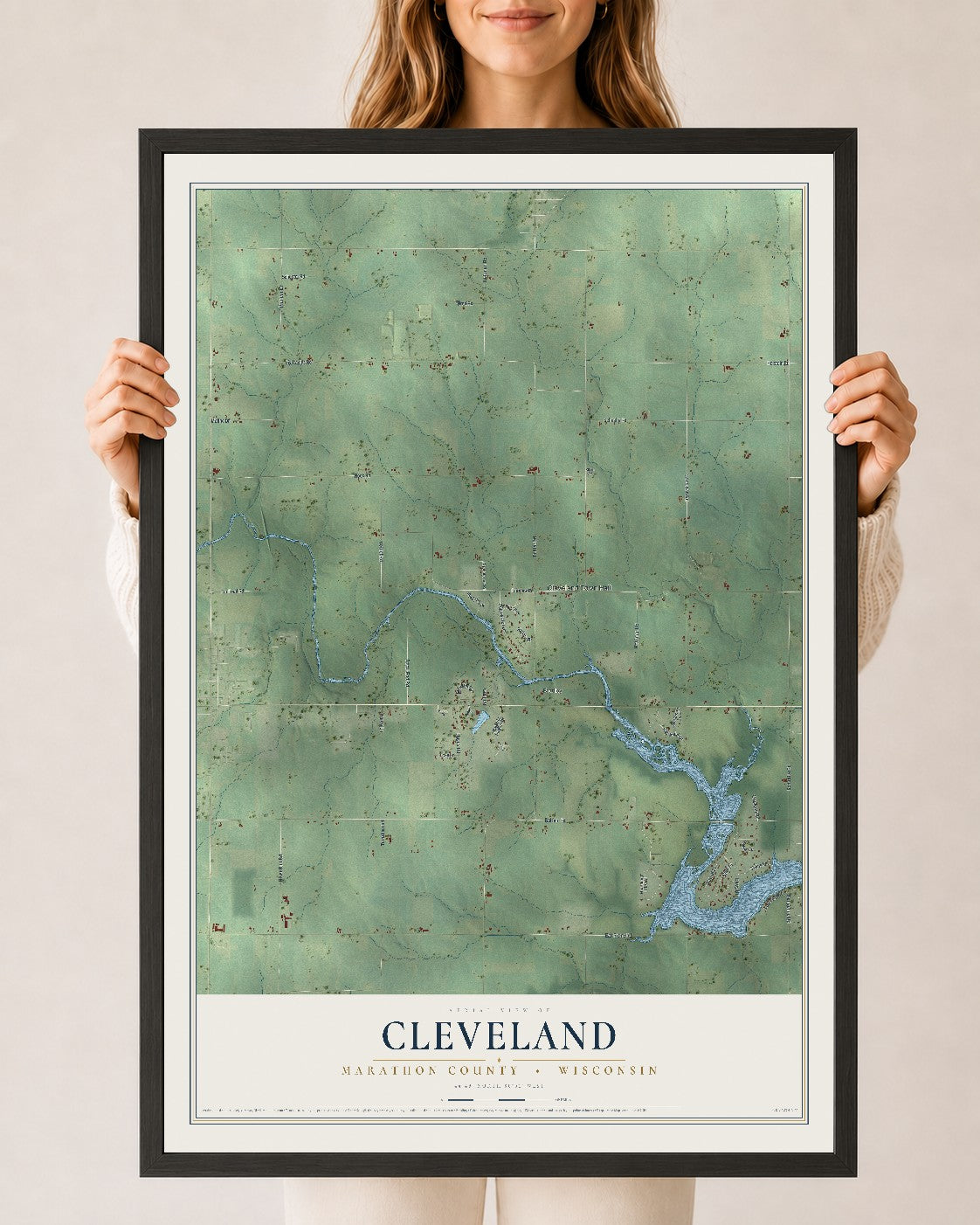 Map of Cleveland, Marathon County, Wisconsin, 24 x 36 inch print in a black wood frame
