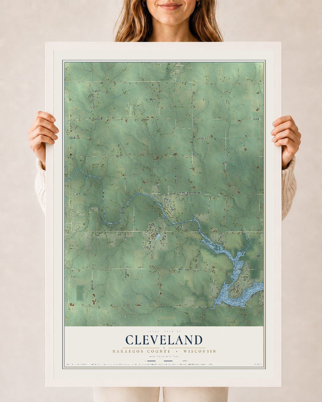 Map of Cleveland, Marathon County, Wisconsin, 24 x 36 inch print in a white wood frame
