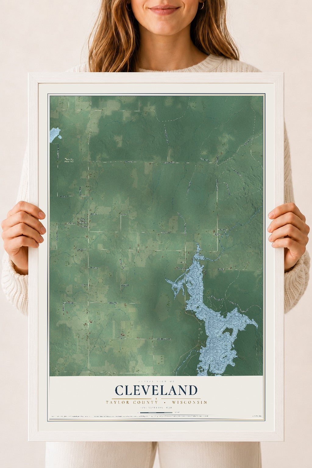 Map of Cleveland, Taylor County, Wisconsin, 18 x 24 inch print in a white wood frame
