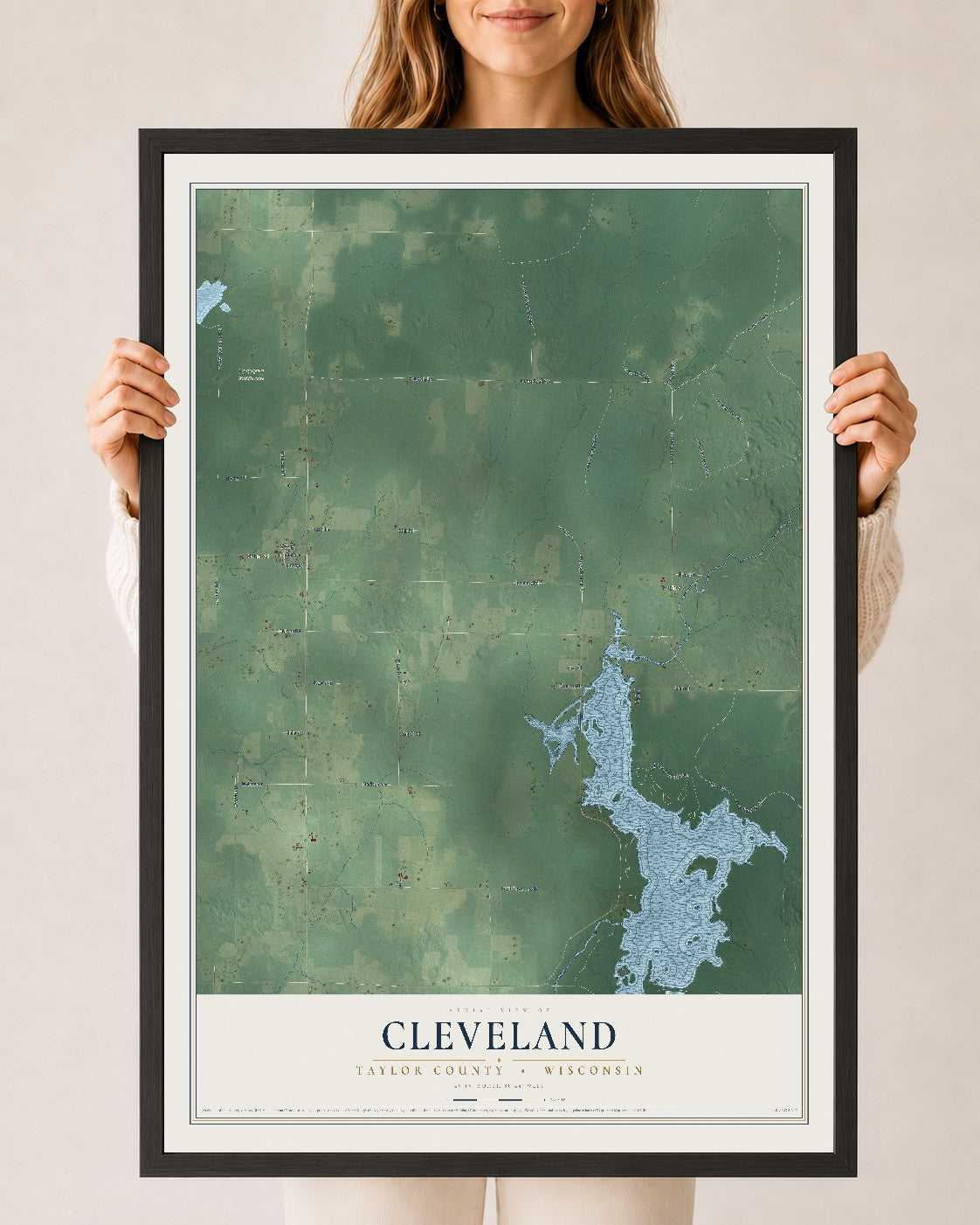 Map of Cleveland, Taylor County, Wisconsin, 24 x 36 inch print in a black wood frame