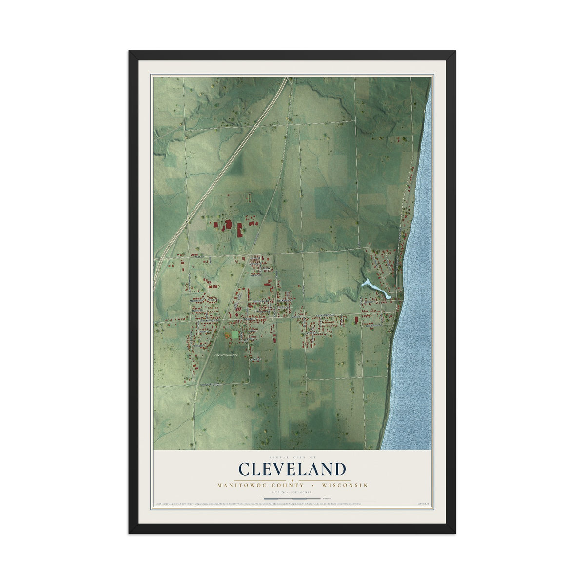 Map of Cleveland, Manitowoc County, Wisconsin, 12 x 18 inch print in a black wood frame