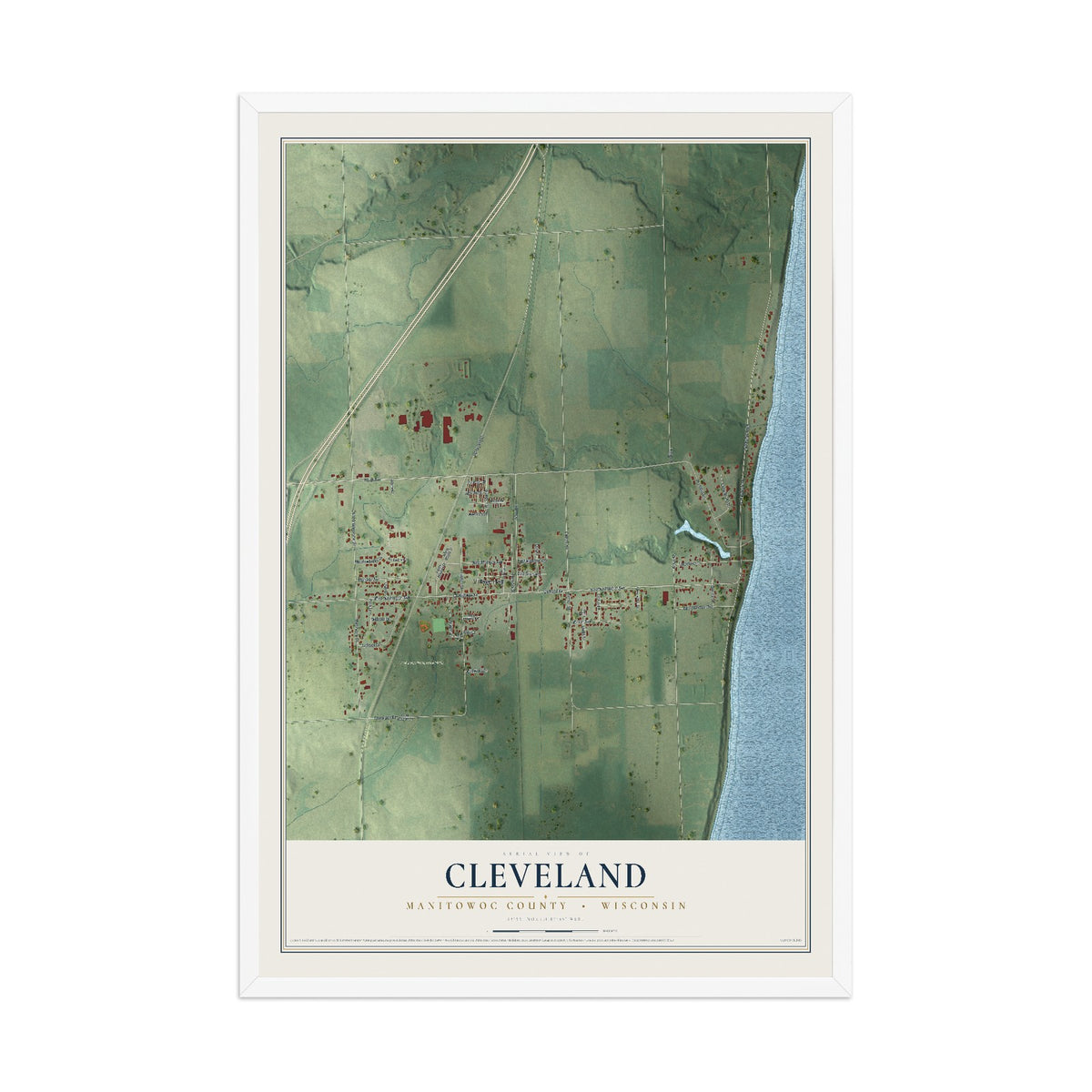 Map of Cleveland, Manitowoc County, Wisconsin, 12 x 18 inch print in a white wood frame