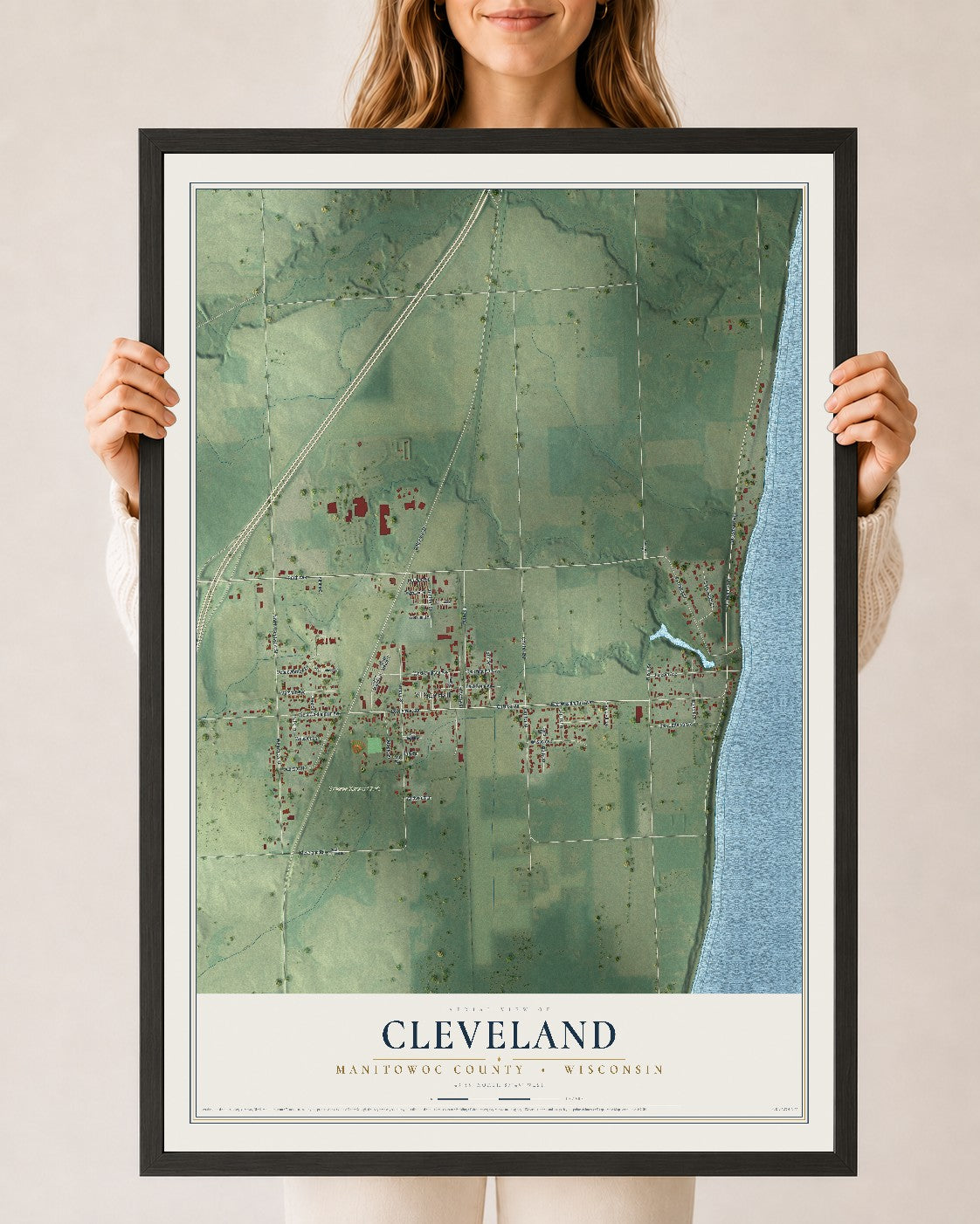 Map of Cleveland, Manitowoc County, Wisconsin, 24 x 36 inch print in a black wood frame