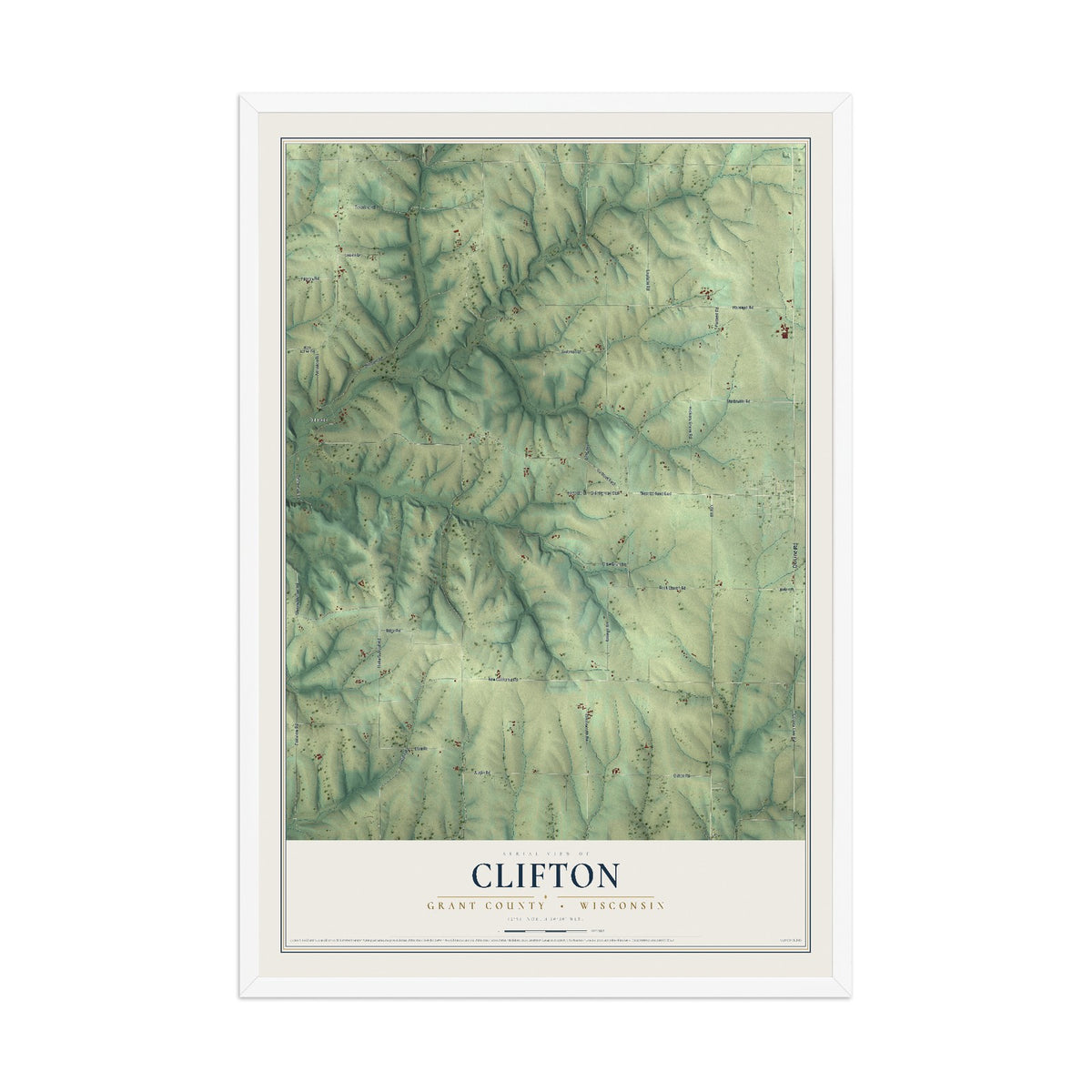 Map of Clifton, Grant County, Wisconsin, 12 x 18 inch print in a white wood frame