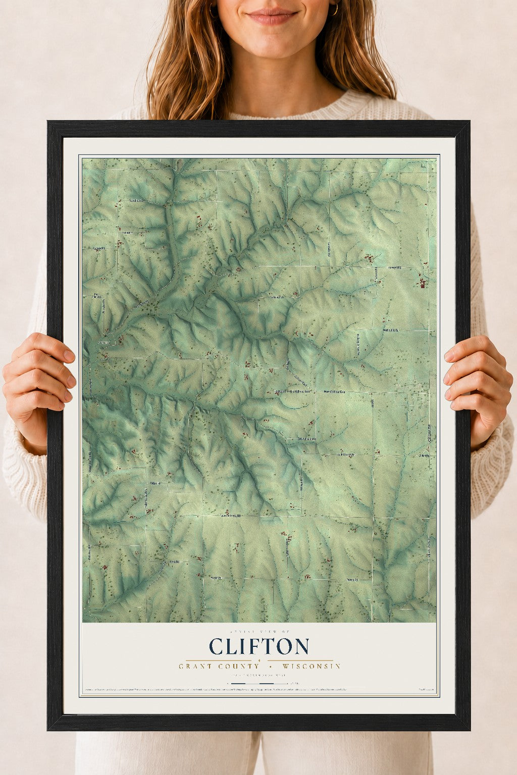 Map of Clifton, Grant County, Wisconsin, 18 x 24 inch print in a black wood frame