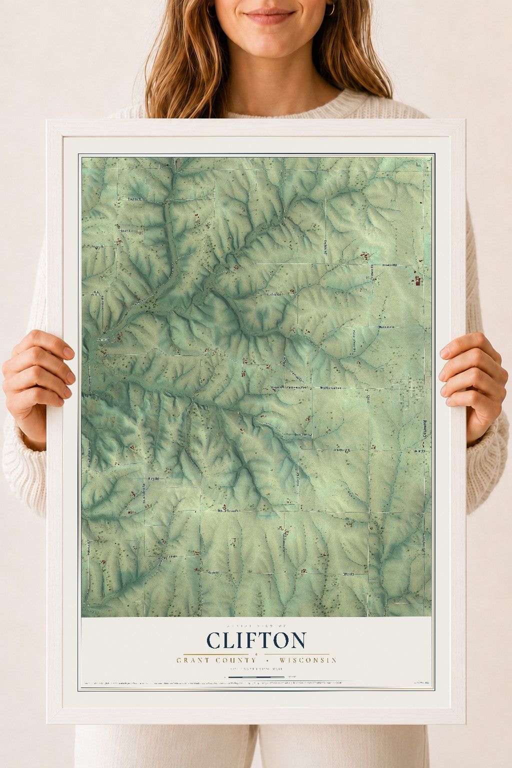 Map of Clifton, Grant County, Wisconsin, 18 x 24 inch print in a white wood frame