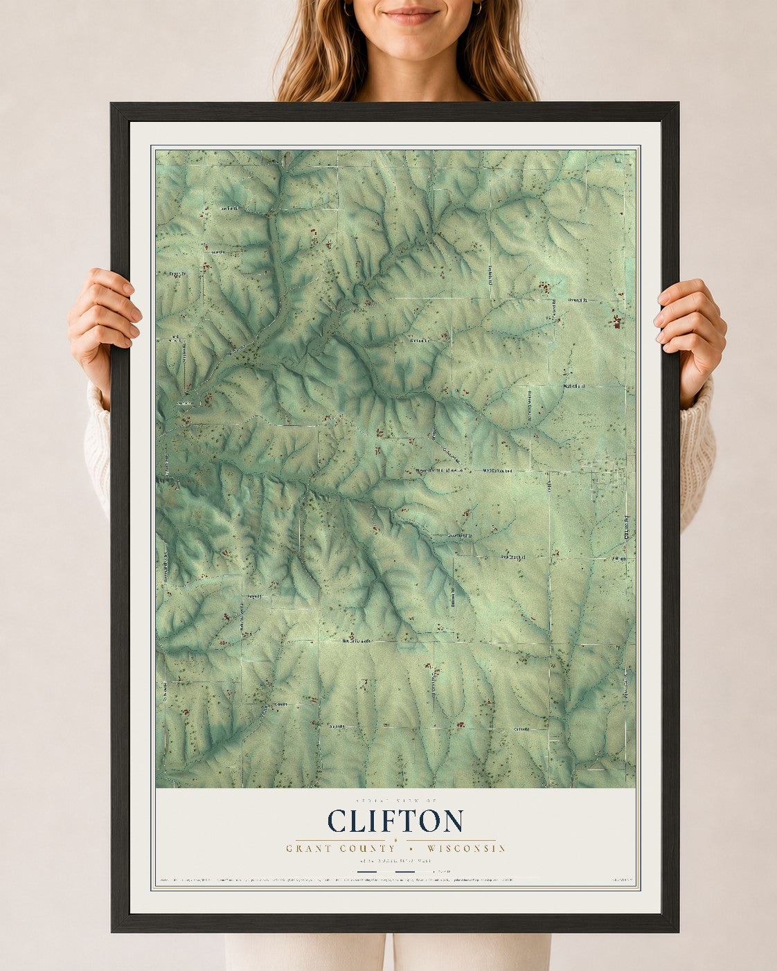 Map of Clifton, Grant County, Wisconsin, 24 x 36 inch print in a black wood frame